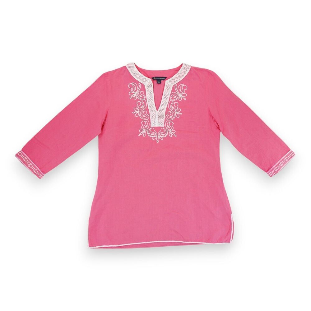 Brooks Brothers Women's Embroidered Linen‎ Tunic Top Size Small Pink 3/4 Sleeve